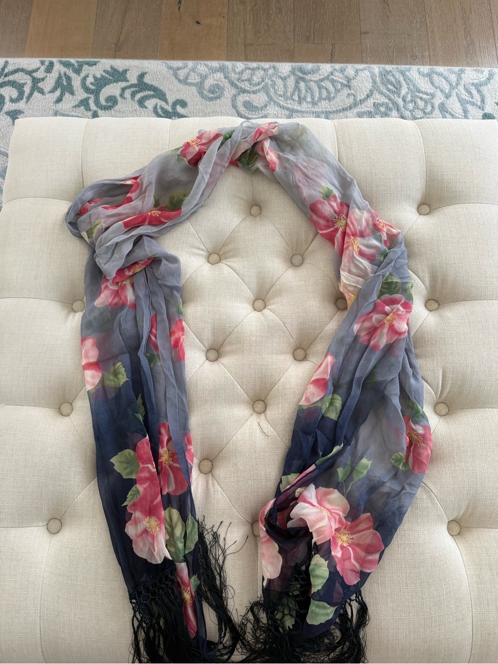 Lightweight Floral Scarf - Pink Floral on Gray/Blue
